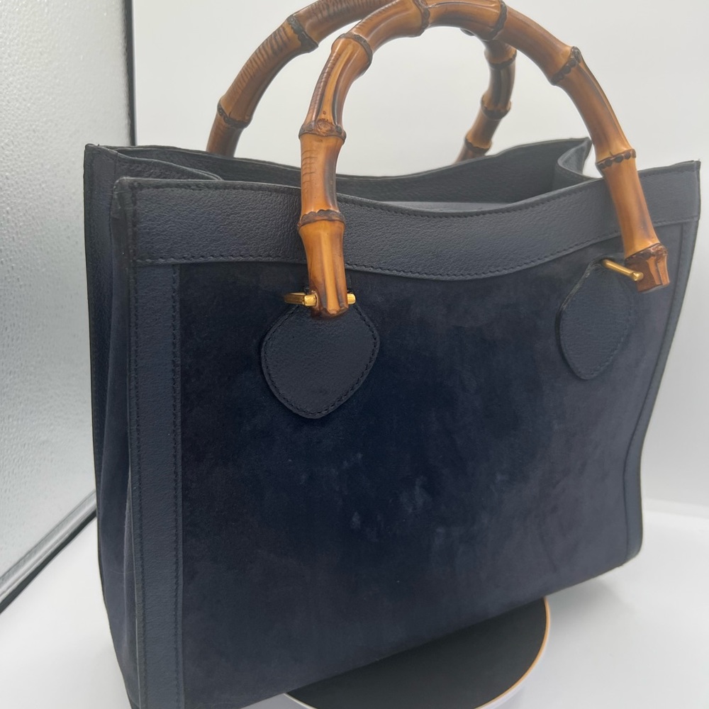 Authentic Gorgeous  Gucci Diana Navy suede tote with bamboo handles